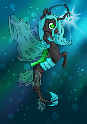 Size: 1017x1438 | Tagged: dead source, safe, artist:amberpendant, queen chrysalis, merpony, seahorse, g4, female, solo, species swap, underwater
