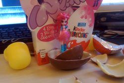 Size: 1344x900 | Tagged: safe, pinkie pie, twilight sparkle, equestria girls, g4, chocolate, computer, food, irl, kinder egg, photo, toy