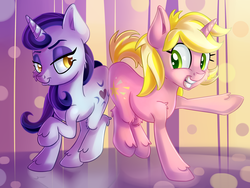 Size: 4000x3000 | Tagged: safe, artist:discorded, moonlight raven, sunshine smiles, pony, unicorn, canterlot boutique, g4, season 5, bedroom eyes, butt bump, butt to butt, butt touch, cute, duo, duo female, female, grin, high res, looking at each other, mare, raised hoof, raised leg, siblings, sisters, smiling, smiling at each other, smirk, squee