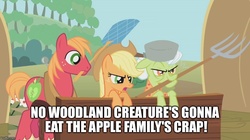 Size: 888x499 | Tagged: safe, edit, edited screencap, screencap, applejack, big macintosh, granny smith, earth pony, pony, g4, swarm of the century, flyswatter, image macro, male, meme, mondegreen, pitchfork, stallion