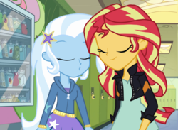 Size: 1025x751 | Tagged: safe, artist:shadowspd, sunset shimmer, trixie, equestria girls, g4, clothes, eyes closed, female, lesbian, lockers, ship:suntrix, shipping