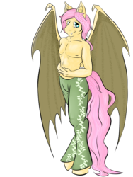 Size: 1024x1365 | Tagged: safe, artist:chovexani, artist:melliemel, fluttershy, bat pony, anthro, unguligrade anthro, g4, batterscotch, butterscotch, clothes, looking at you, male, rule 63, simple background, smiling, solo, spread wings, topless, transparent background
