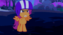 Size: 512x288 | Tagged: safe, edit, edited screencap, screencap, rainbow dash, scootaloo, g4, sleepless in ponyville, angry, animated, female, helmet, loop, staring contest