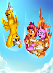 Size: 2550x3509 | Tagged: safe, artist:pridark, oc, oc only, oc:lightning faraday, earth pony, pegasus, pony, unicorn, clothes, falling, freefall, high res, holding on, horn, jumpsuit, parachute, screaming, skydiving, trio, upside down