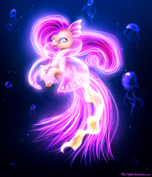 Size: 1531x1783 | Tagged: safe, artist:9de-light6, fluttershy, jellyfish, g4, female, glowing, solo, underwater, watershy