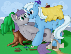 Size: 1280x960 | Tagged: safe, artist:thedigodragon, maud pie, trixie, pony, unicorn, g4, alice in wonderland, cloud, cloudy, crossover, day, destruction, disney, female, giant pony, giantess, growth, hat, house, lesbian, looking at each other, macro, mare, mountain, parody, ship:mauxie, shipper on deck, shipping, sky, tree, wizard hat
