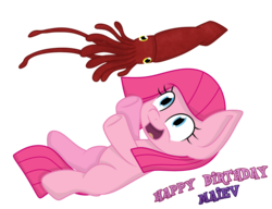 Size: 1021x783 | Tagged: safe, artist:terton, pinkie pie, squid, g4, filly, happy birthday, pinkamena diane pie, playing, younger