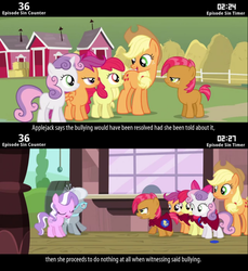 Size: 854x934 | Tagged: safe, edit, edited screencap, screencap, apple bloom, applejack, babs seed, diamond tiara, scootaloo, silver spoon, sweetie belle, cinemare sins, g4, one bad apple, season 3, adults are useless, cutie mark crusaders, letterboxing