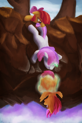 Size: 667x1000 | Tagged: safe, artist:sa1ntmax, apple bloom, scootaloo, sweetie belle, tabun art-battle, g4, cutie mark crusaders, hanging, magic, sweetie belle's magic brings a great big smile, this will end in tears and/or death and/or covered in tree sap
