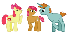 Size: 1228x590 | Tagged: safe, artist:frathebest18, apple bloom, babs seed, snips, earth pony, pony, unicorn, g4, bips, blushing, female, male, mare, older, older apple bloom, older babs seed, older snips, shipper on deck, shipping, simple background, stallion, story included, straight, transparent background
