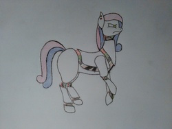 Size: 2592x1944 | Tagged: safe, artist:warrior_stew, sweetie belle, pony, robot, robot pony, unicorn, friendship is witchcraft, g4, blank flank, female, hooves, horn, older, simple background, solo, sweetie bot, traditional art, unamused, white background