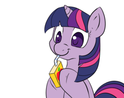 Size: 649x516 | Tagged: safe, artist:lustrous-dreams, edit, twilight sparkle, pony, unicorn, ask filly twilight, g4, :t, cute, female, filly, hoof hold, juice box, simple background, smiling, solo, transparent background, twiabetes, younger