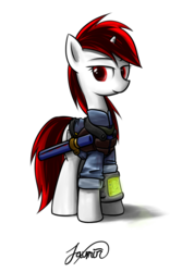 Size: 900x1350 | Tagged: safe, artist:favmir, oc, oc only, oc:blackjack, pony, unicorn, fallout equestria, fallout equestria: project horizons, baton, clothes, fanfic, fanfic art, female, hooves, horn, jumpsuit, mare, pipbuck, signature, simple background, smiling, solo, transparent background, vault suit