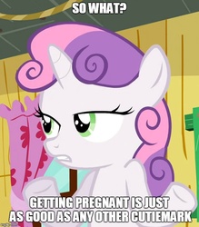 Size: 632x720 | Tagged: safe, edit, edited screencap, screencap, sweetie belle, pony, unicorn, g4, cropped, cutie mark, female, image macro, implied foalcon, implied impregnation, meme, slutty-belle, so what sweetie, solo