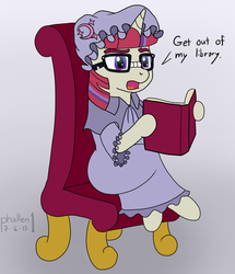 Size: 969x1129 | Tagged: safe, artist:phallen1, moondancer, pony, unicorn, g4, 30 minute art challenge, book, chair, clothes, cosplay, costume, dialogue, female, glasses, hat, mare, meganekko, nightcap, nightgown, open mouth, patchouli knowledge, sitting, solo, touhou