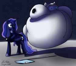 Size: 1280x1116 | Tagged: safe, artist:the-furry-railfan, part of a set, princess luna, rainbow dash, alicorn, pegasus, pony, series:one small trot for a pony, g4, air inflation, amused, astrodash, astronaut, bingo wings, clothes, cutie mark, eyeshadow, flag, floating, hoof shoes, immobile, inflatable suit, inflation, makeup, moon, moon landing, part of a series, peytral, rainblimp dash, raised hoof, regalia, sequence, shocked, shocked eyes, smirk, space, spacesuit, spherical inflation, stars, story included, thighs, this ended in balloons, thunder thighs