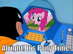 Size: 478x357 | Tagged: safe, pinkie pie, g4, adult swim, brony, cartoon network, hanna barbera, image macro, meme, space ghost, space ghost coast to coast, time for ponies