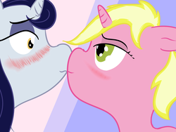 Size: 6400x4800 | Tagged: safe, artist:ampderg, moonlight raven, sunshine smiles, pony, unicorn, canterlot boutique, g4, absurd resolution, female, incest, kissing, lesbian, mare, ship:moonlightsmiles, shipping, simple background