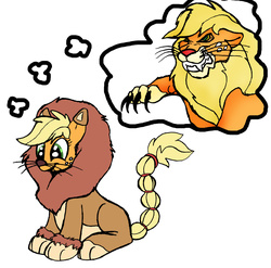 Size: 3858x3816 | Tagged: source needed, safe, artist:wulfosaurus, applejack, big cat, lion, g4, scare master, applelion, clothes, costume, female, high res, solo, thought bubble