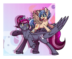 Size: 1024x832 | Tagged: safe, artist:inuhoshi-to-darkpen, oc, oc only, oc:rocket tier, oc:spotlight splash, pegasus, pony, equestria daily, bandage, bandaged leg, duo, equestria daily mascots, feathered fetlocks, female, filly, large wings, mare, mascot, raised hoof, spread wings, unshorn fetlocks, wings