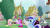 Size: 1280x720 | Tagged: safe, screencap, berry punch, berryshine, bon bon, carrot top, golden harvest, lily, lily valley, lyra heartstrings, minuette, sweetie drops, earth pony, pony, unicorn, g4, ponyville confidential, background pony, female, foal free press, hoof hold, mare, newspaper, ponyville, ponyville town hall, reading, sitting