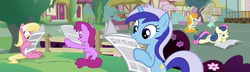 Size: 1167x337 | Tagged: safe, screencap, berry punch, berryshine, bon bon, carrot top, golden harvest, lily, lily valley, lyra heartstrings, minuette, sweetie drops, earth pony, pony, unicorn, g4, ponyville confidential, newspaper, reading