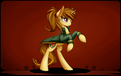 Size: 2300x1452 | Tagged: safe, artist:xn-d, oc, oc only, oc:katya ironstead, alicorn, pony, abstract background, alicorn oc, clothes, red eyes, solo, standing, trenchcoat, uniform