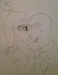 Size: 455x583 | Tagged: safe, artist:handsome jeck, moondancer, oc, oc:anon, human, g4, blushing, clothes, glasses, humanized, kissing, monochrome, shirt, sweater, traditional art