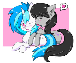 Size: 2071x1705 | Tagged: dead source, safe, artist:teranen, dj pon-3, octavia melody, vinyl scratch, earth pony, pony, unicorn, g4, :3, :p, behaving like a cat, blushing, bowtie, chest fluff, duo, duo female, eyes closed, female, fluffy, heart, horn, lesbian, mare, octavia's bowtie, one eye closed, open mouth, pictogram, prone, ship:scratchtavia, shipping, speech bubble, spoken heart, tongue out, wink