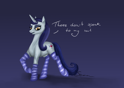 Size: 3229x2316 | Tagged: safe, artist:soirema-pl, moonlight raven, pony, unicorn, g4, clothes, dialogue, female, high res, looking down, mare, signature, socks, solo, striped socks