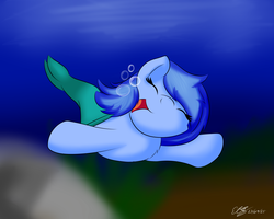 Size: 2560x2048 | Tagged: safe, artist:icy wings, oc, oc only, oc:frost soar, mermaid, merpony, bubble, chest fluff, cute, eyes closed, fluffy, happy, high res, open mouth, signature, smiling, solo, swimming, underwater