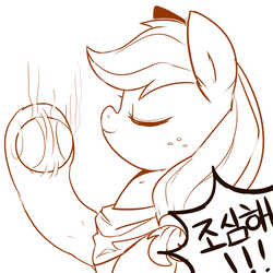 Size: 1600x1600 | Tagged: safe, artist:maren, applejack, earth pony, pony, g4, baseball, catching, eyes closed, female, grayscale, hoof hold, korean, monochrome, neckerchief, simple background, smiling, solo, sports, translated in the comments