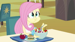 Size: 1280x720 | Tagged: safe, screencap, fluttershy, equestria girls, g4, apple, aweeg*, burger, eating, female, food, fruit salad, hamburger, left handed, lunch, omnivore fluttershy, tray