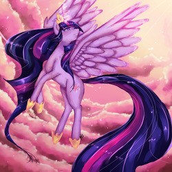 Size: 1500x1500 | Tagged: safe, artist:xkittyblue, twilight sparkle, alicorn, pony, g4, beautiful, female, flying, hoof shoes, jewelry, mare, older, older twilight, regalia, solo, spread wings, tiara, twilight sparkle (alicorn), ultimate twilight, wings