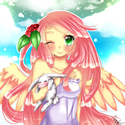 Size: 3000x3000 | Tagged: safe, artist:xkittyblue, angel bunny, fluttershy, human, g4, high res, humanized, winged humanization