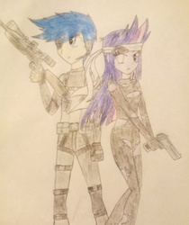 Size: 820x974 | Tagged: safe, artist:little-miss-oshawott, comet tail, twilight sparkle, equestria girls, g4, equestria girls-ified, female, future twilight, male, metal gear, no trigger discipline, ship:cometlight, shipping, solid sparkle, straight, traditional art