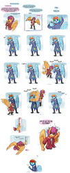 Size: 1632x4000 | Tagged: safe, artist:siden, rainbow dash, scootaloo, oc, oc:plume, oc:prism wing, anthro, ultimare universe, g4, alternate universe, awkward, comic, golden boy, sparkles, sparkly eyes, stopwatch, wingding eyes, wings