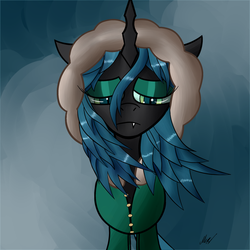 Size: 2000x2000 | Tagged: dead source, safe, artist:soveno, queen chrysalis, changeling, changeling queen, g4, clothes, female, high res, sad, solo