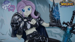 Size: 1280x720 | Tagged: safe, artist:ngrycritic, fluttershy, equestria girls, g4, armor, arthas menethil, badass, breasts, cleavage, crossover, female, flutterbadass, frostmourne, frown, frozen throne, glare, glowing eyes, lich king, looking at you, midriff, raised eyebrow, sitting, style emulation, sword, uotapo-ish, warcraft, weapon, world of warcraft