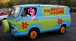 Size: 500x270 | Tagged: safe, artist:drsyke, pinkie pie, earth pony, pony, g4, car, chevrolet, irl, mystery machine, photo, ponies in real life, scooby-doo!, van