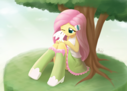 Size: 1692x1213 | Tagged: safe, artist:howxu, angel bunny, fluttershy, rabbit, equestria girls, g4, animal, beautiful, clothes, cute, duo, one eye closed, shyabetes, sitting, skirt, smiling, tank top, tree, under the tree