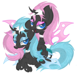 Size: 4343x4101 | Tagged: safe, artist:law44444, aloe, lotus blossom, changeling, g4, absurd resolution, bedroom eyes, blue changeling, changelingified, ear bite, fangs, looking at you, open mouth, pink changeling, smiling, spa twins, tail bite