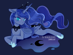 Size: 800x600 | Tagged: safe, artist:lemonheart, princess luna, g4, blue background, female, looking at you, lying, prone, simple background, solo