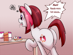 Size: 1280x960 | Tagged: dead source, safe, artist:khorme, cayenne, pony, unicorn, g4, butt, cake, cupcake, disgusted, dock, female, mare, pepperbutt, plot, solo, speech bubble, tongue out