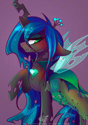 Size: 2059x2912 | Tagged: safe, artist:wilvarin-liadon, queen chrysalis, changeling, changeling queen, g4, cute, cute little fangs, cutealis, fangs, female, floppy ears, high res, mare, necklace, raised hoof, solo