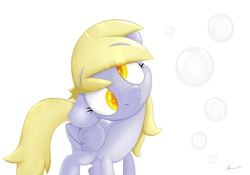 Size: 5000x3500 | Tagged: safe, artist:thederpyenthusiast, derpy hooves, pegasus, pony, g4, absurd resolution, bubble, curious, cute, derpabetes, female, floppy ears, frown, head tilt, looking at you, mare, simple background, solo