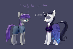 Size: 1748x1181 | Tagged: safe, artist:underpable, maud pie, moonlight raven, pony, unicorn, g4, bedroom eyes, clothes, dialogue, dress, female, mare, over the moon, ravenmaud