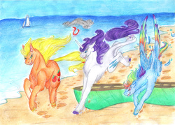 Size: 6721x4805 | Tagged: safe, artist:dawn22eagle, applejack, rainbow dash, rarity, classical unicorn, earth pony, pegasus, pony, unicorn, g4, absurd resolution, canoe, colored wings, female, flying, hatless, horn, jumping, leonine tail, lesbian, missing accessory, multicolored wings, ocean, rainbow feathers, rainbow wings, running, sand, ship:appledash, ship:raridash, ship:rarijack, shipping, tail feathers, trio, wings