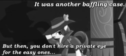 Size: 959x431 | Tagged: safe, screencap, rarity, g4, rarity investigates, calvin and hobbes, clothes, female, image macro, meme, monochrome, monologue, noir, shadow, solo, tracer bullet, trenchcoat