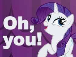 Size: 720x540 | Tagged: safe, screencap, rarity, canterlot boutique, g4, caption, curtains, female, image macro, looking back, meme, oh you, open mouth, raised hoof, reaction image, solo